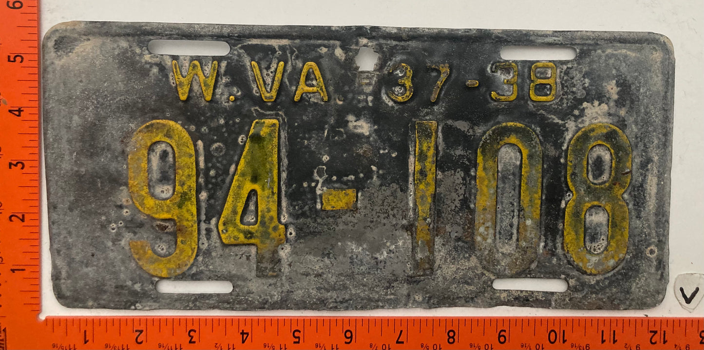 1937/1938 West Virginia #94-108 Passenger License Plate