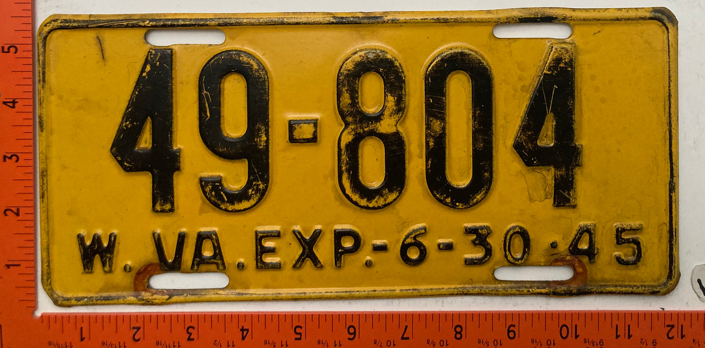 1945 West Virginia #49-804 Passenger License Plate