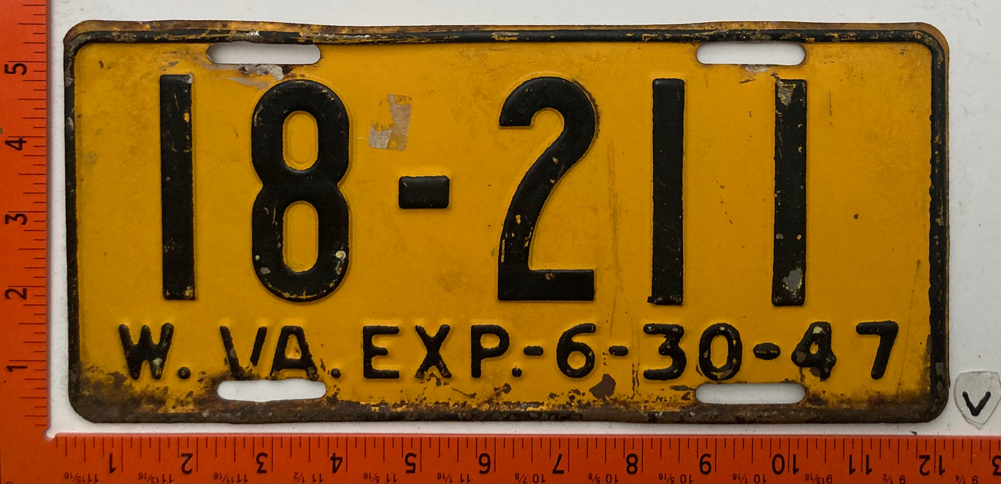 1947 West Virginia #18-211 Passenger License Plate