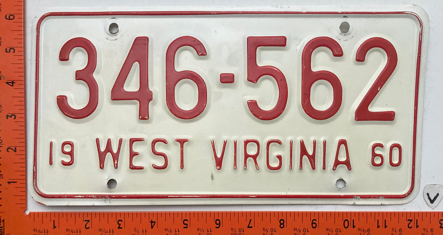 1960 West Virginia #346-562 Passenger License Plate