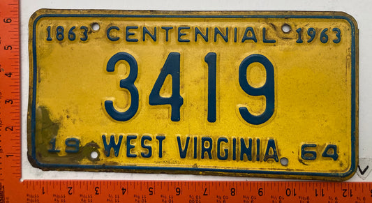 1964 West Virginia #3419 Passenger License Plate