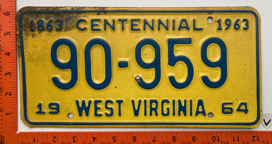 1964 West Virginia #90-959 Passenger License Plate