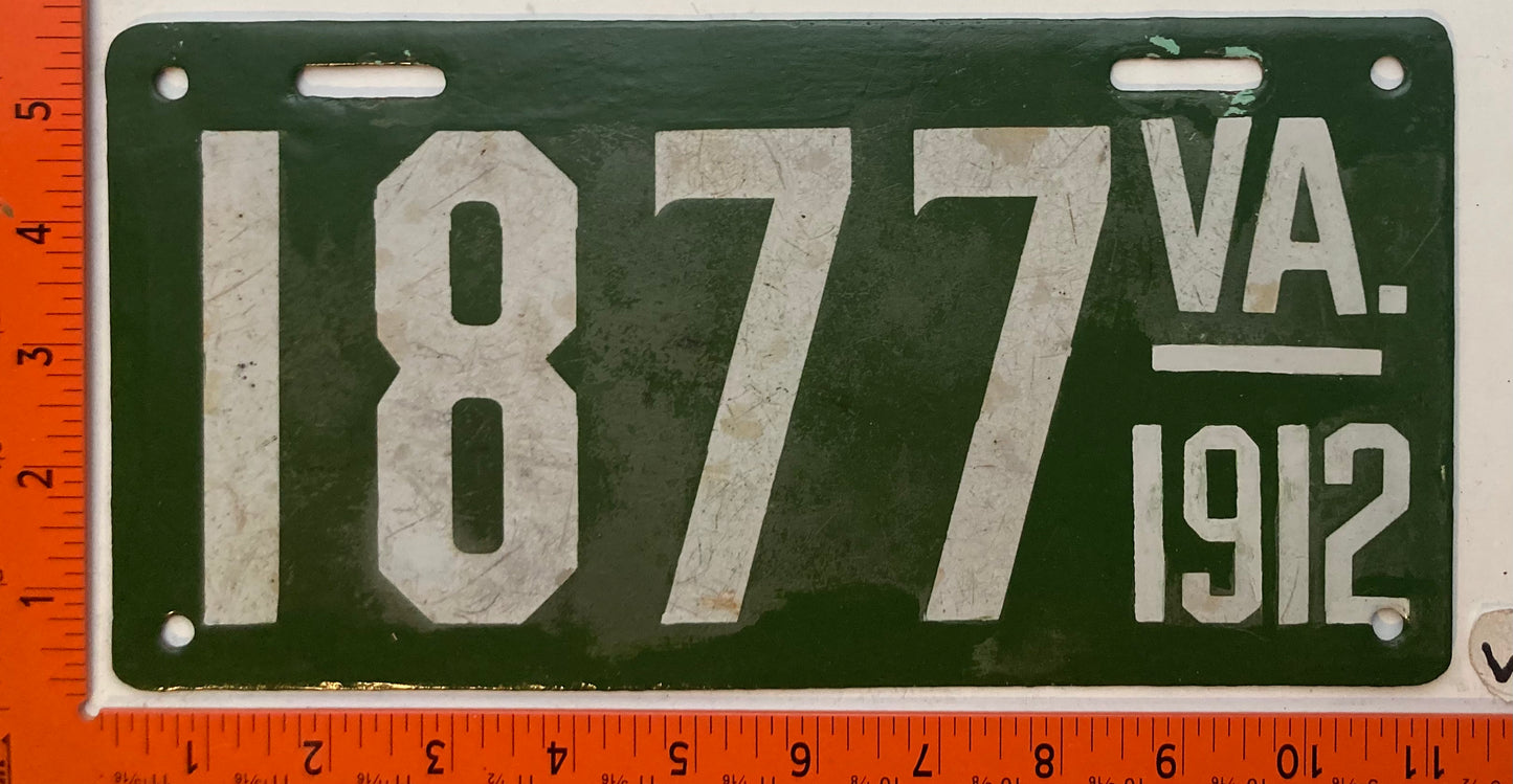 1912 Virginia #1877 Passenger License Plate (Porcelain)