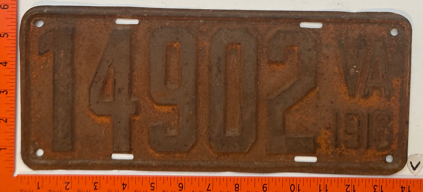 1916 Virginia #14902 Passenger License Plate