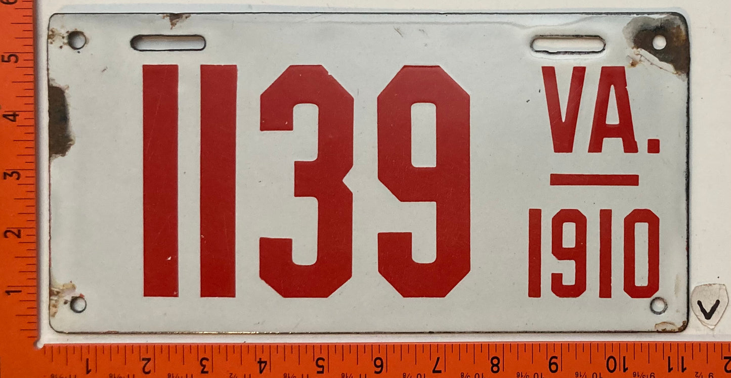 1910 Virginia #1139 Passenger License Plate (Porcelain)
