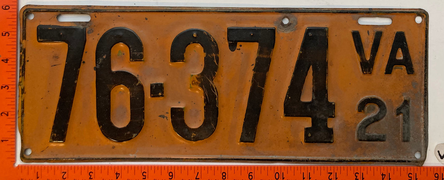 1921 Virginia #76-374 Passenger License Plate