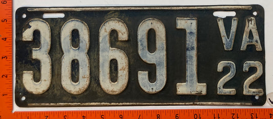 1922 Virginia #38691 Passenger License Plate