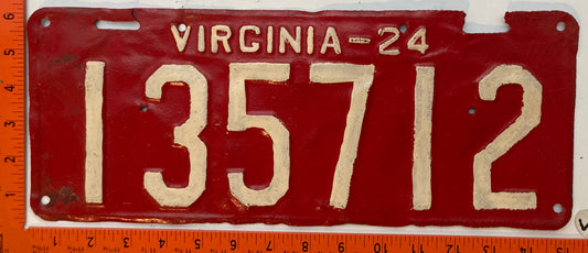 1924 Virginia #135712 Passenger License Plate (Repaint)