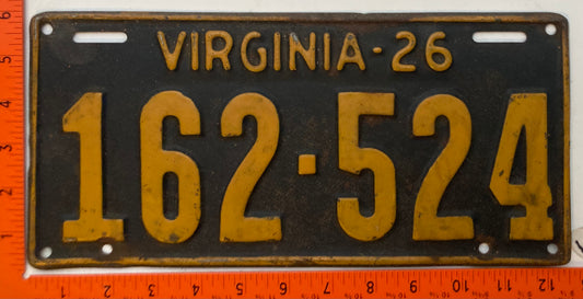 1926 Virginia #162-524 Passenger License Plate