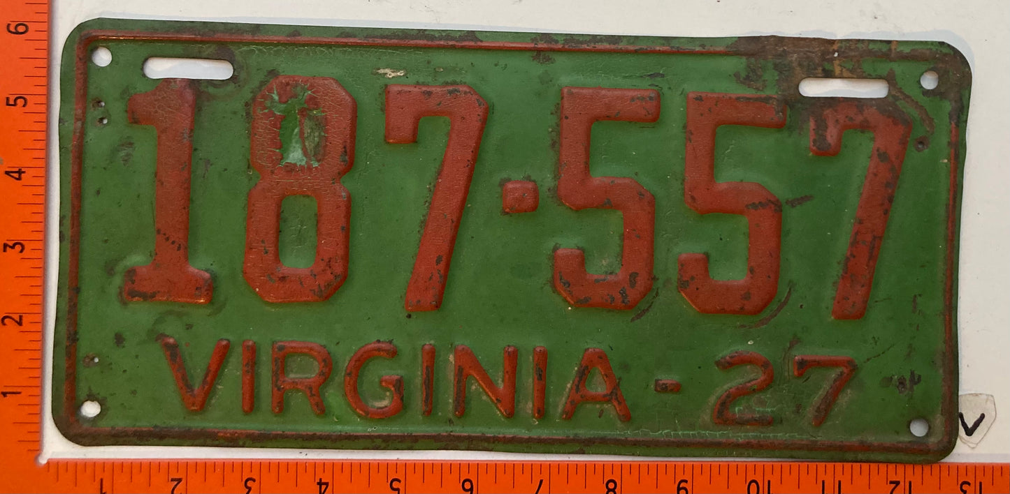 1927 Virginia #187-557 Passenger License Plate