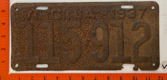 1937 Virginia #115-912 Passenger License Plate