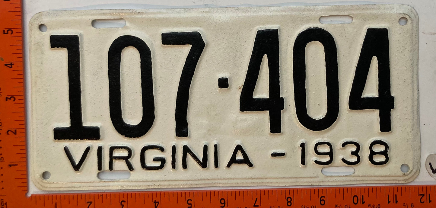 1938 Virginia #107-404 Passenger License Plate (Repaint)