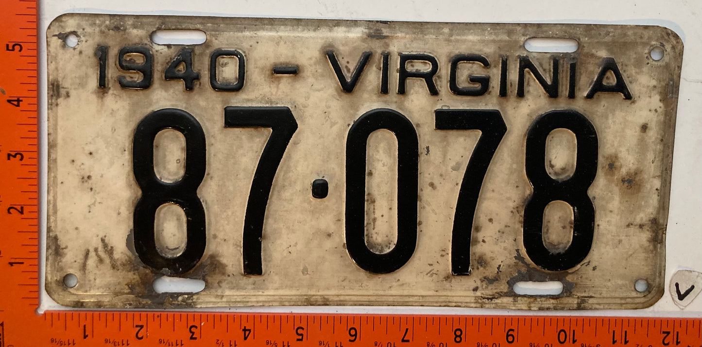 1940 Virginia #87-078 Passenger License Plate