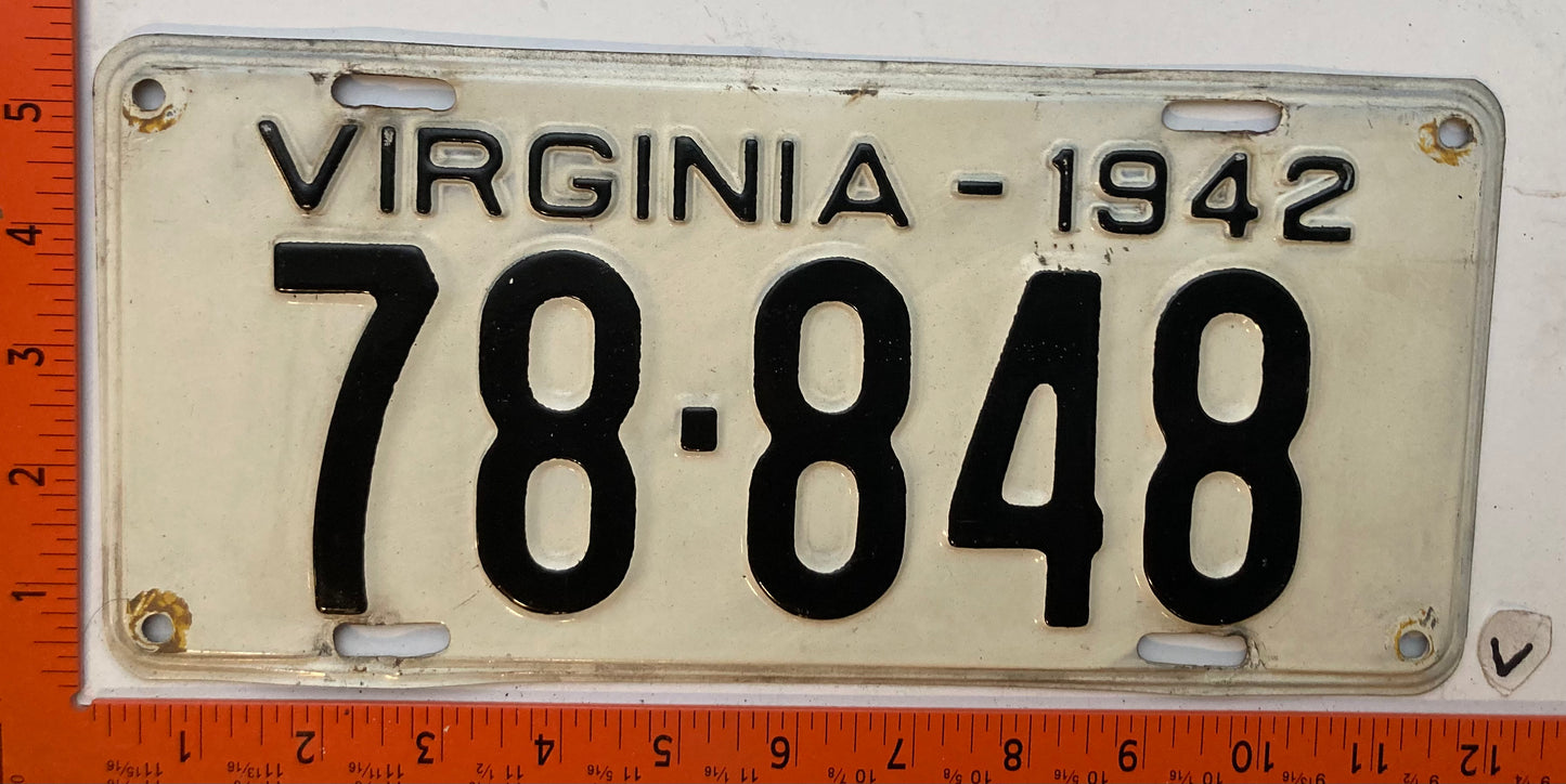 1942 Virginia #78-848 Passenger License Plate
