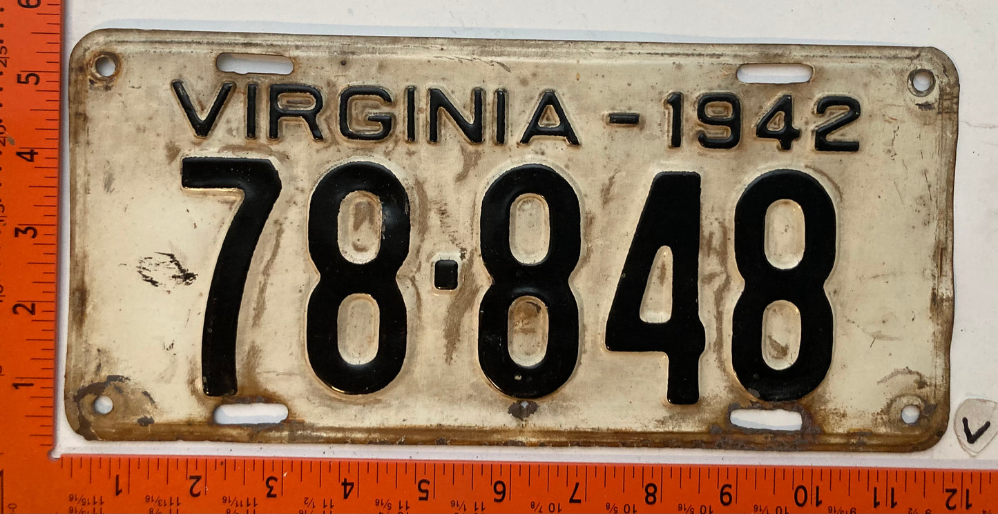 1942 Virginia #78-848 Passenger License Plate