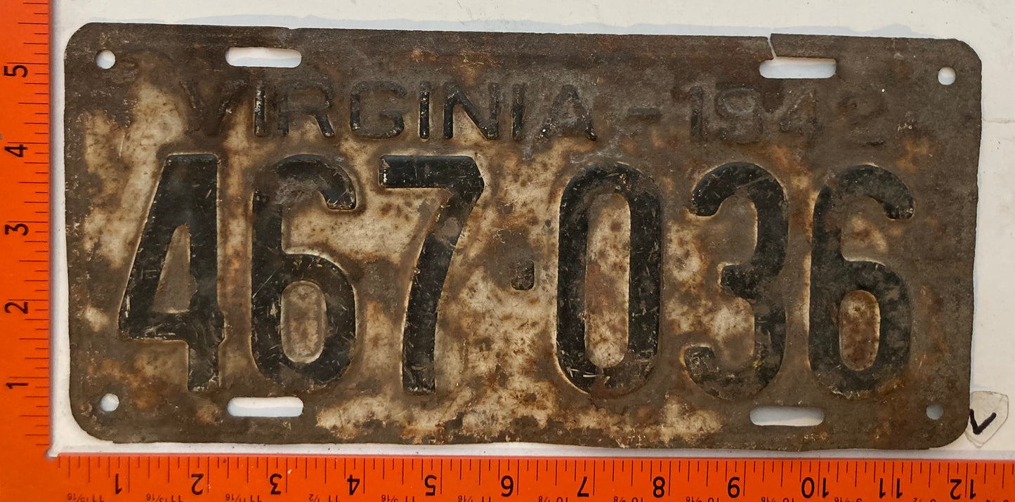 1942 Virginia #467-036 Passenger License Plate