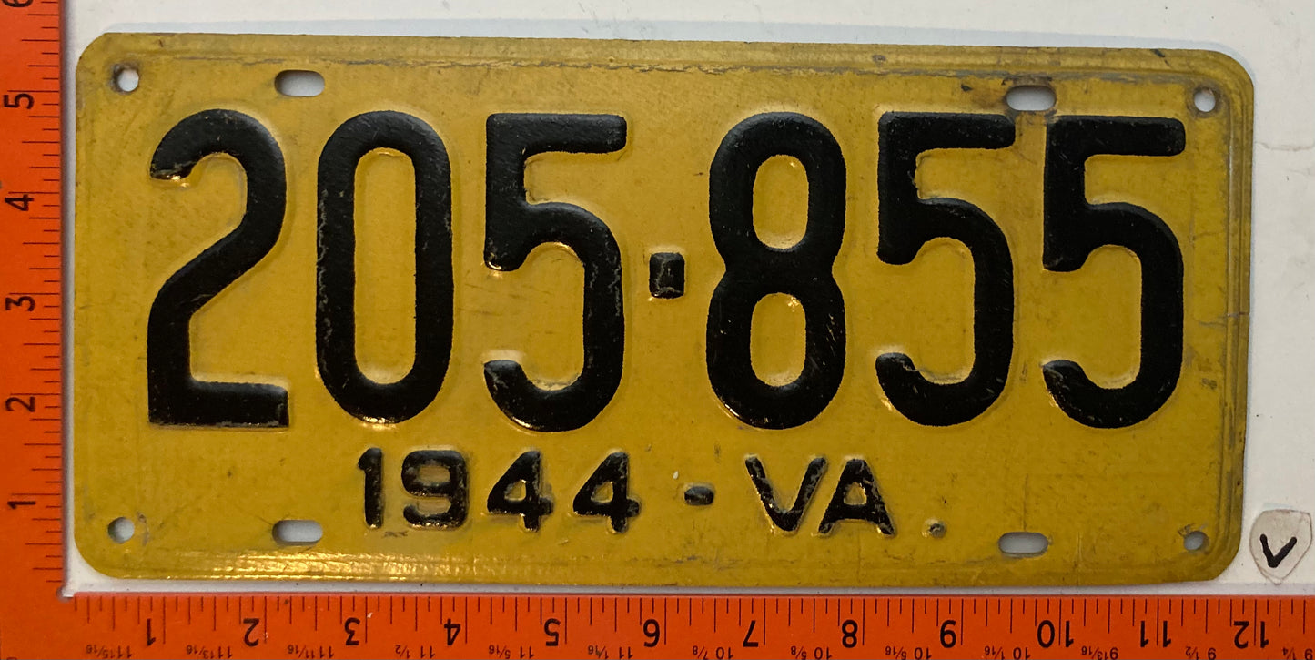 1944 Virginia #205-855 Passenger License Plate (Fiber)