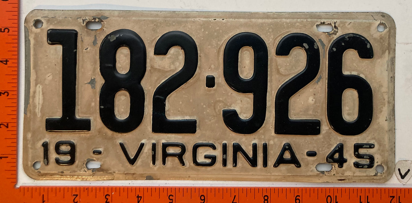 1945 Virginia #182-926 Passenger License Plate