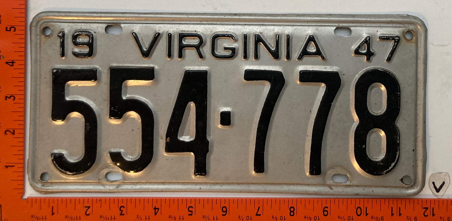 1947 Virginia #554-778 Passenger License Plate
