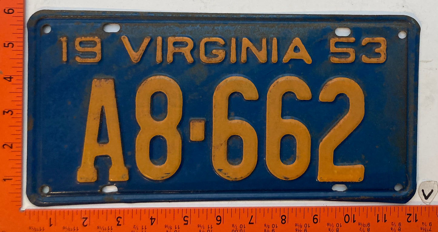 1953 Virginia #A8-662 Passenger License Plate