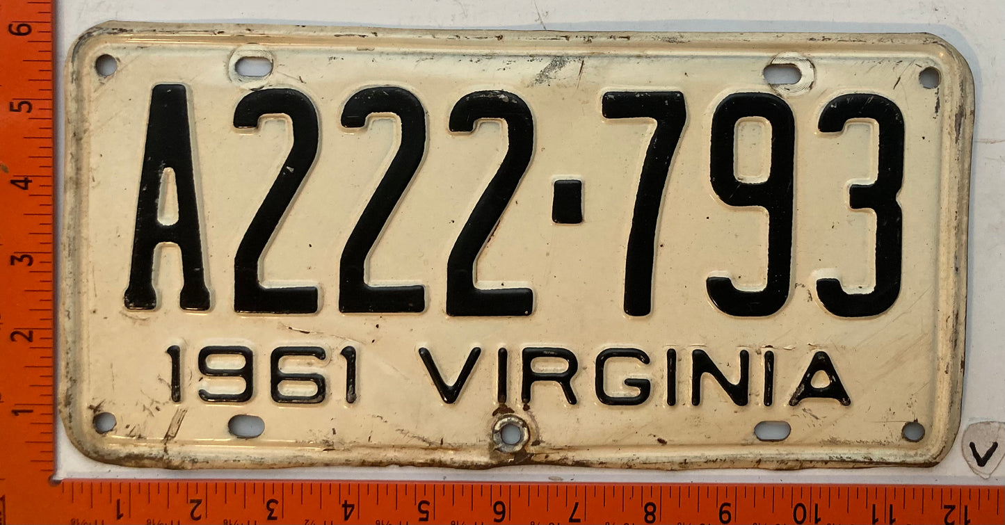 1961 Virginia #A222-793 Passenger License Plate