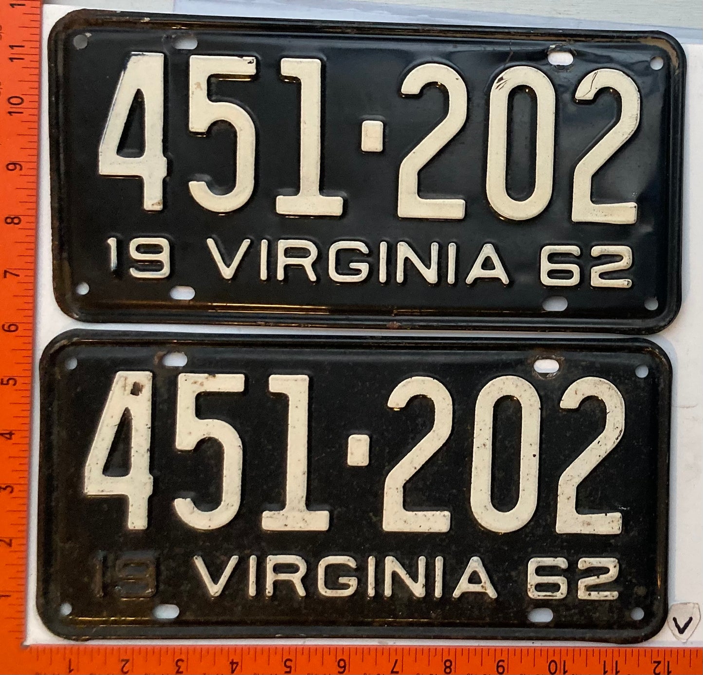 1962 Virginia #451-202 Passenger License Plate (Pair)