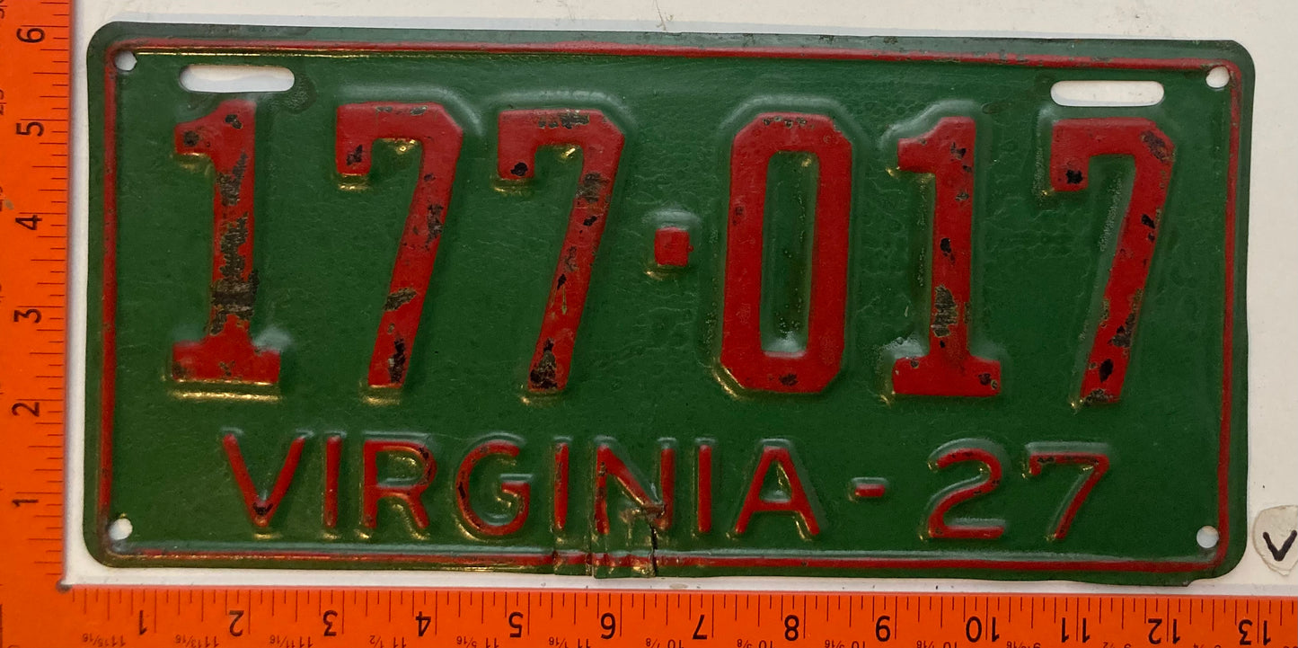 1927 Virginia #177-017 Passenger License Plate (Shellacked)
