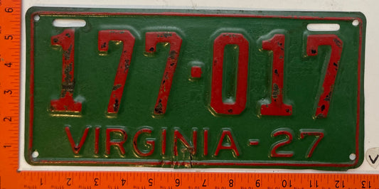 1927 Virginia #177-017 Passenger License Plate (Shellacked)