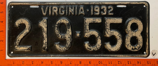 1932 Virginia #219-558 Passenger License Plate