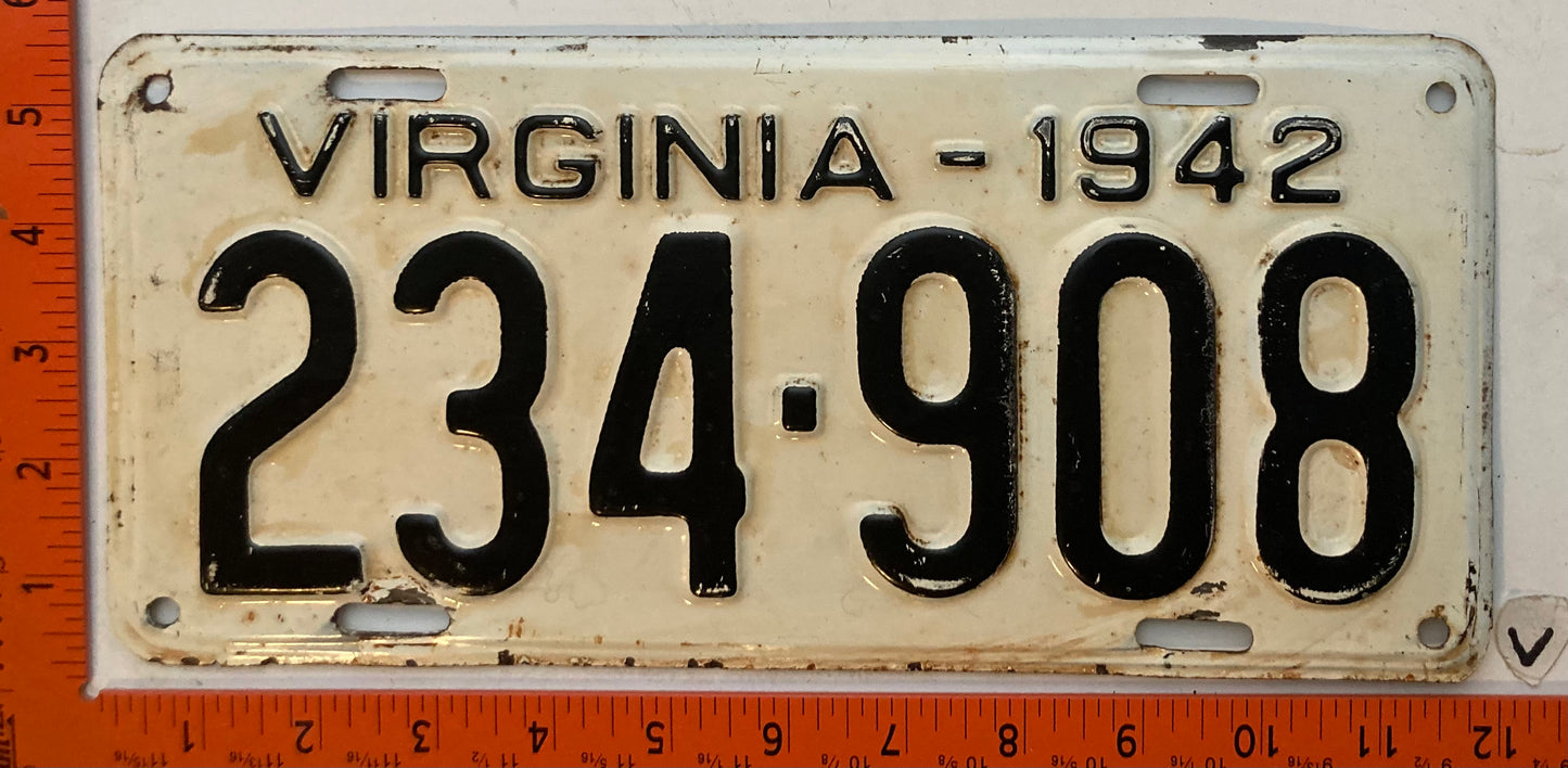 1942 Virginia #234-908 Passenger License Plate
