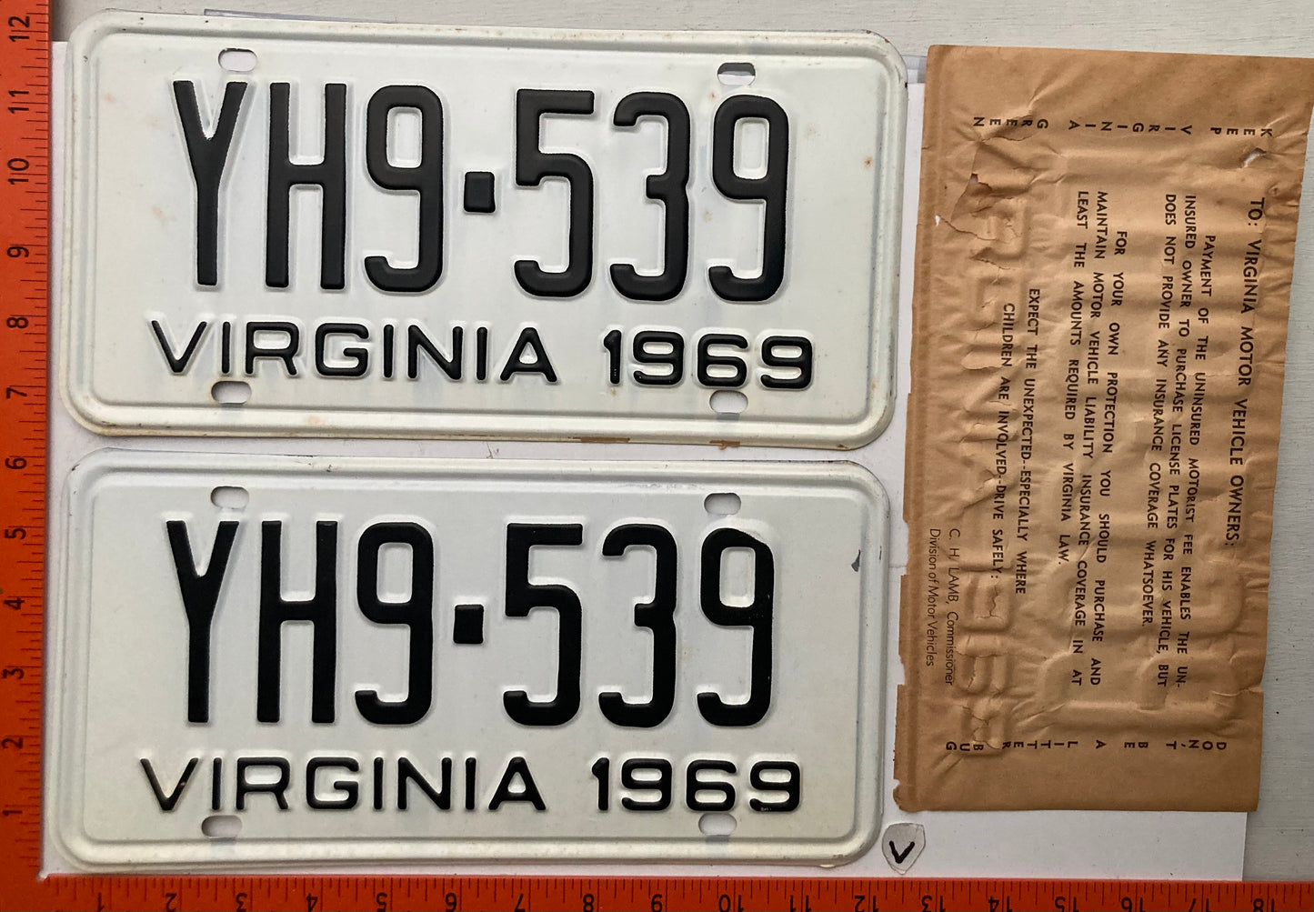 1969 Virginia #YH9-539 Tractor for Hire License Plate (Pair)