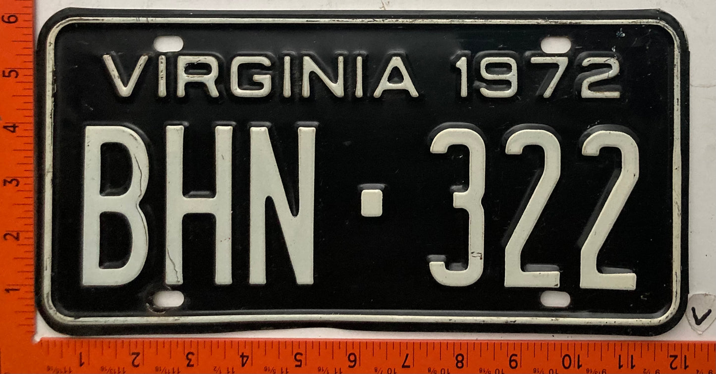 1972 Virginia #BHN-322 Passenger License Plate