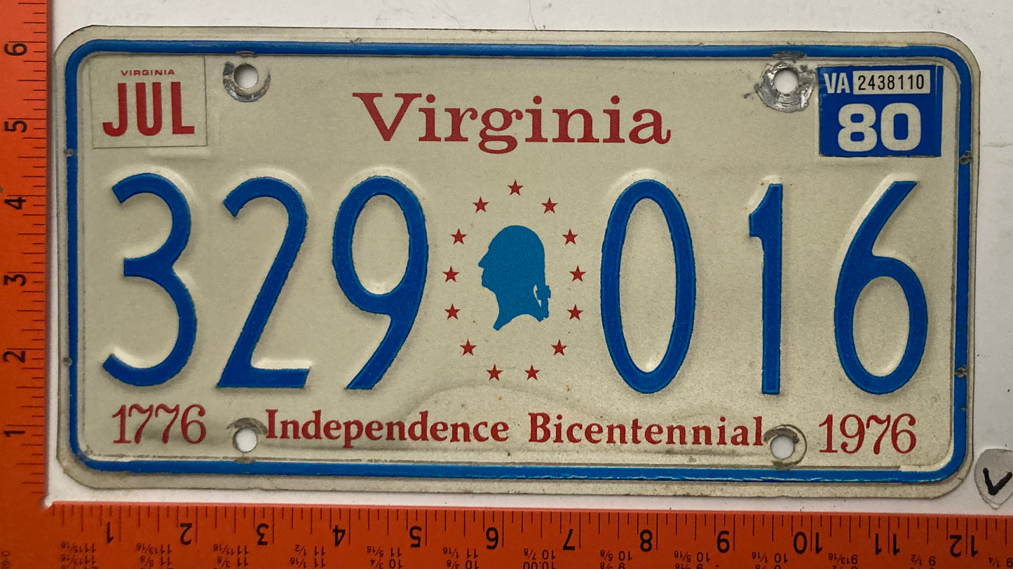 1980 Virginia #329-016 Passenger Bicentennial License Plate