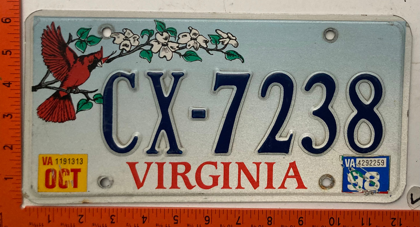 1998 Virginia #CX-7238 Passenger Cardinal License Plate