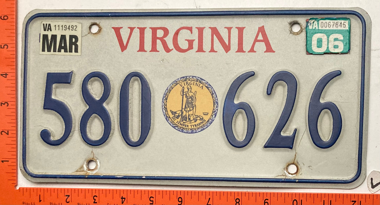 2006 Virginia #580 626 Passenger Great Seal License Plate