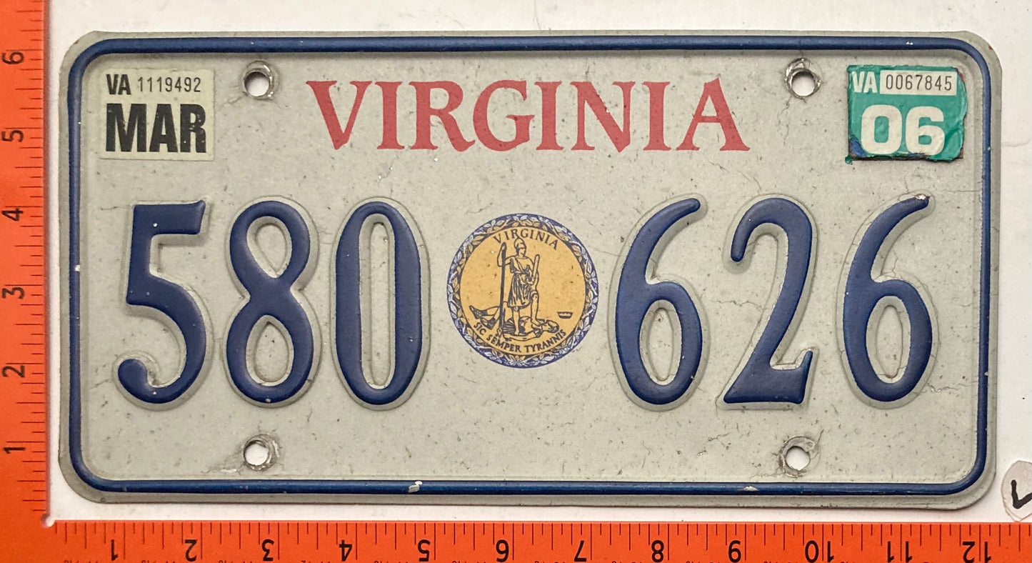 2006 Virginia #580 626 Passenger Great Seal License Plate