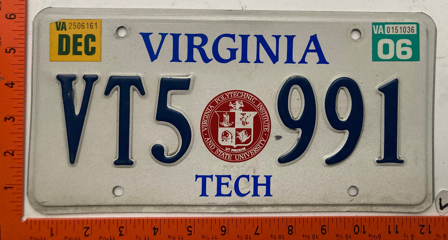 2006 Virginia #VT5 991 Virginia Tech License Plate