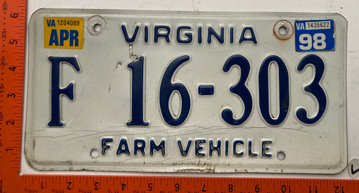 1998 Virginia #F16-303 Farm Vehicle License Plate