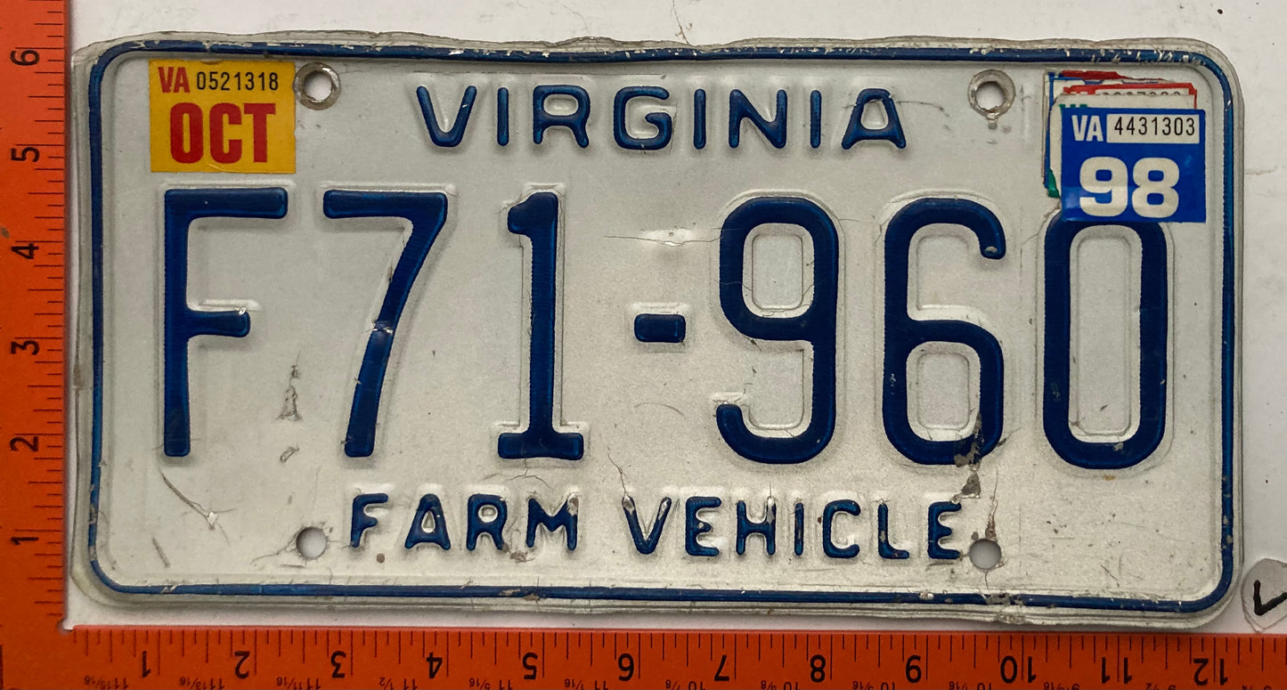 1998 Virginia #F71-960 Farm Vehicle License Plate