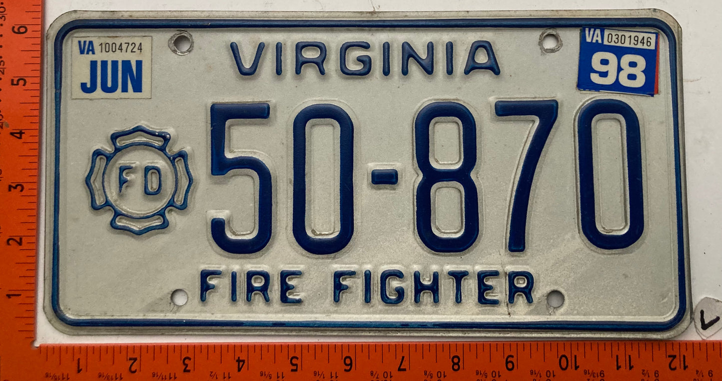 1998 Virginia #50-870 Firefighter License Plate