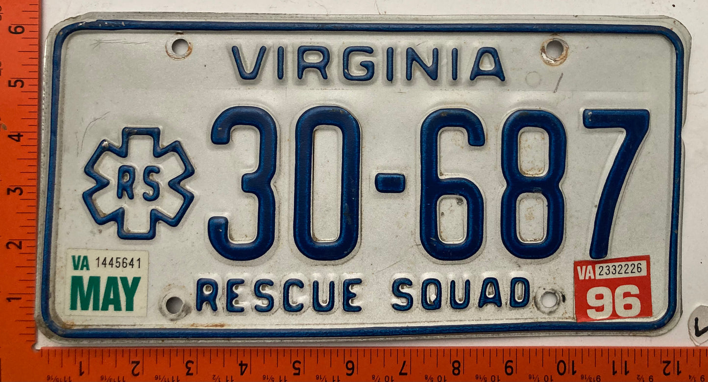 1996 Virginia #30-687 Rescue Squad License Plate