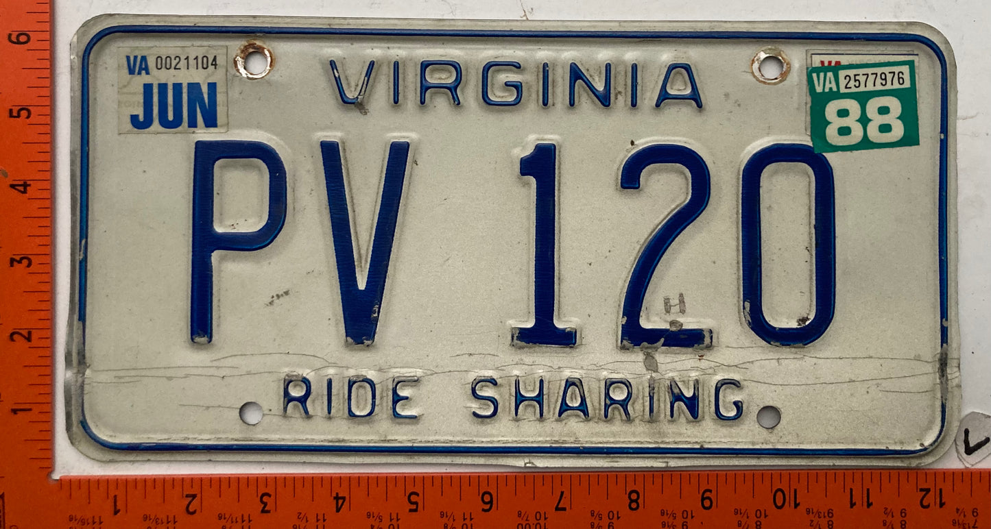 1998 Virginia #PV 120 Ride Sharing License Plate