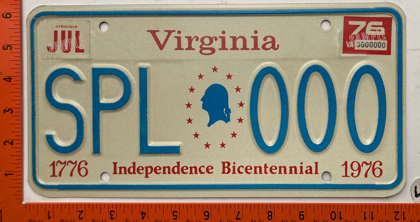 1976 Virginia #SPL 000 Bicentennial Sample License Plate