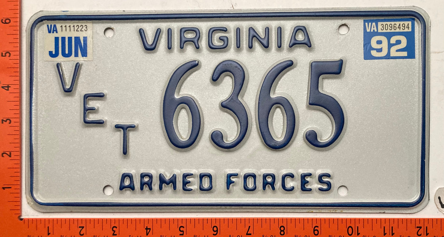 1992 Virginia #VET 6365 Veteran License Plate