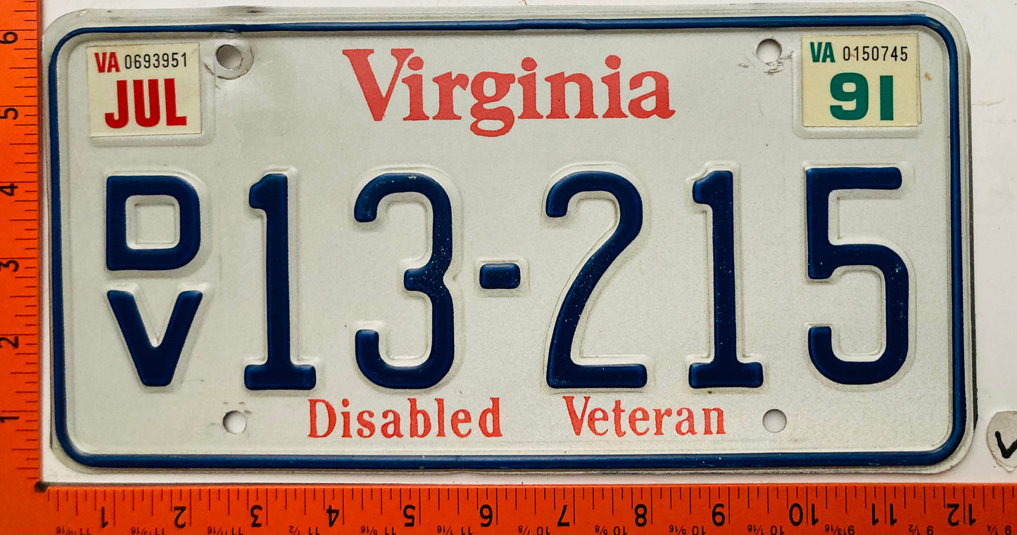 1991 Virginia #D/V 13-215 Disabled Veteran License Plate
