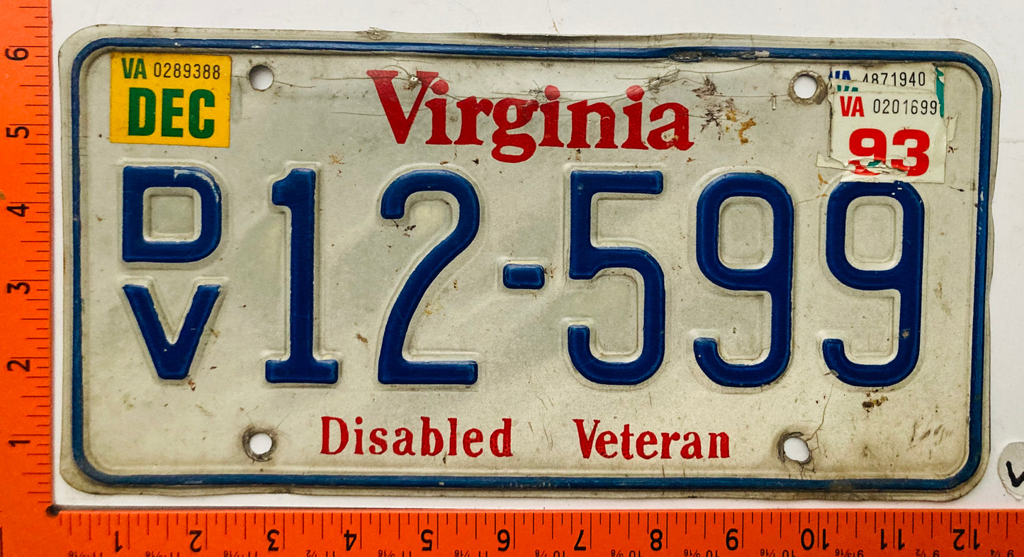 1993 Virginia #D/V 12-599 Disabled Veteran License Plate