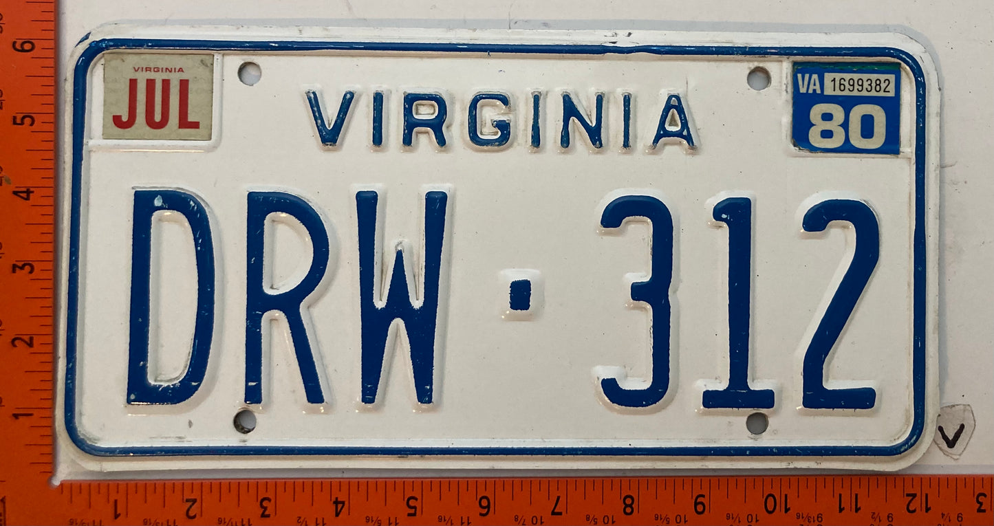1980 Virginia #DRW-312 Passenger License Plate