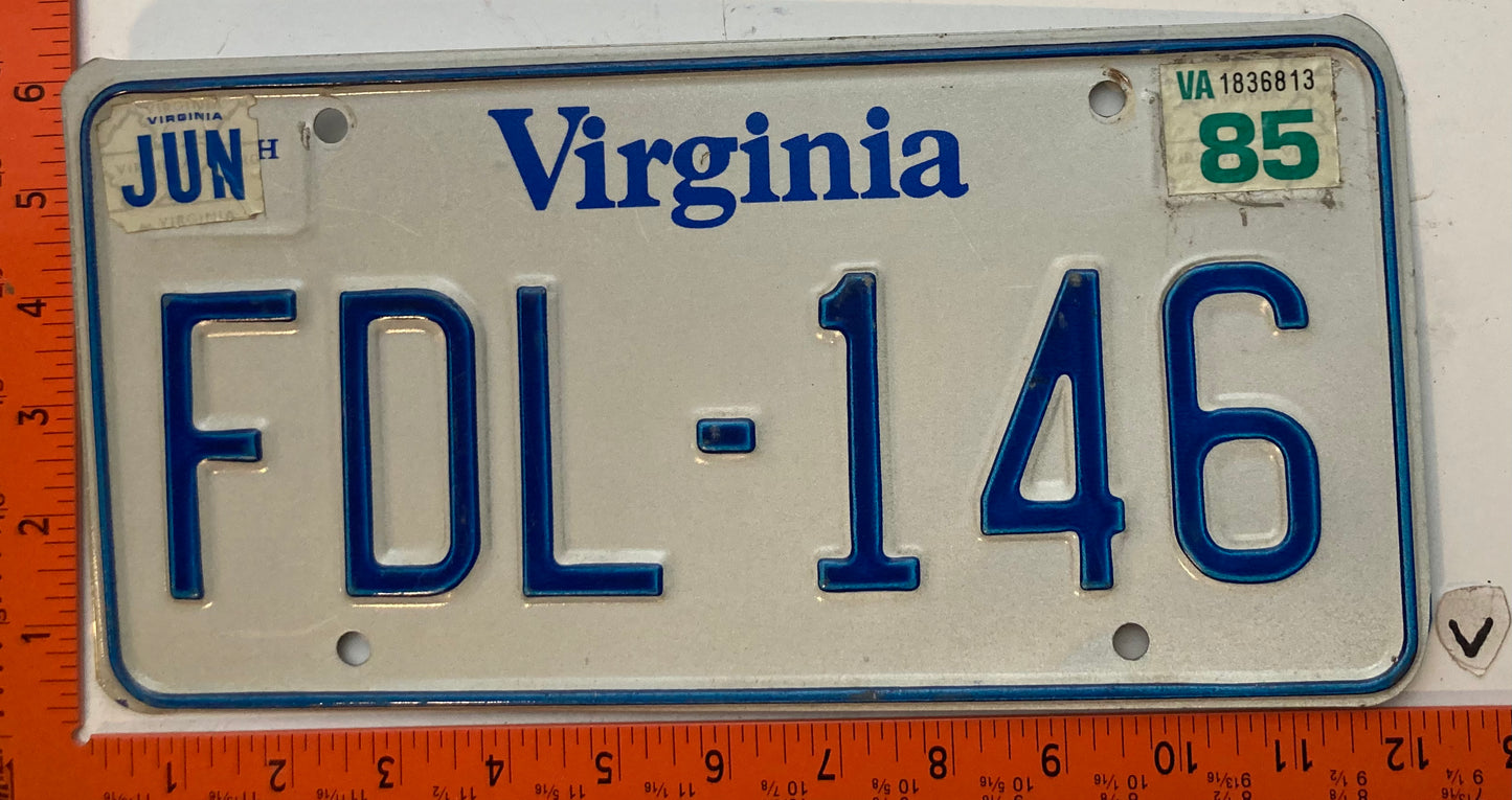 1985 Virginia #FDL-146 Passenger License Plate