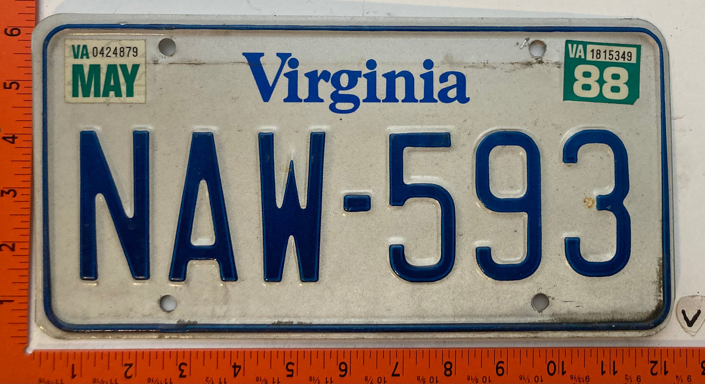 1988 Virginia #NAW-593 Passenger License Plate