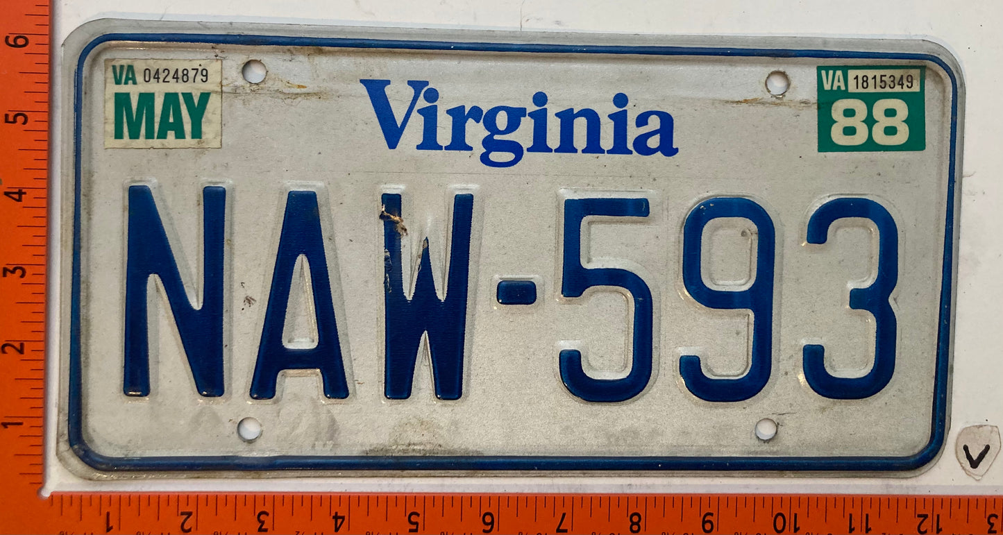 1988 Virginia #NAW-593 Passenger License Plate